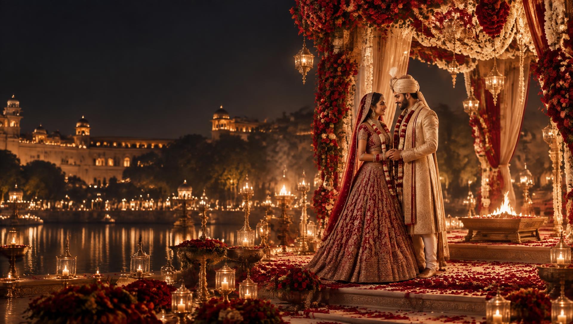 Indian bride and groom under a luxurious wedding mandap